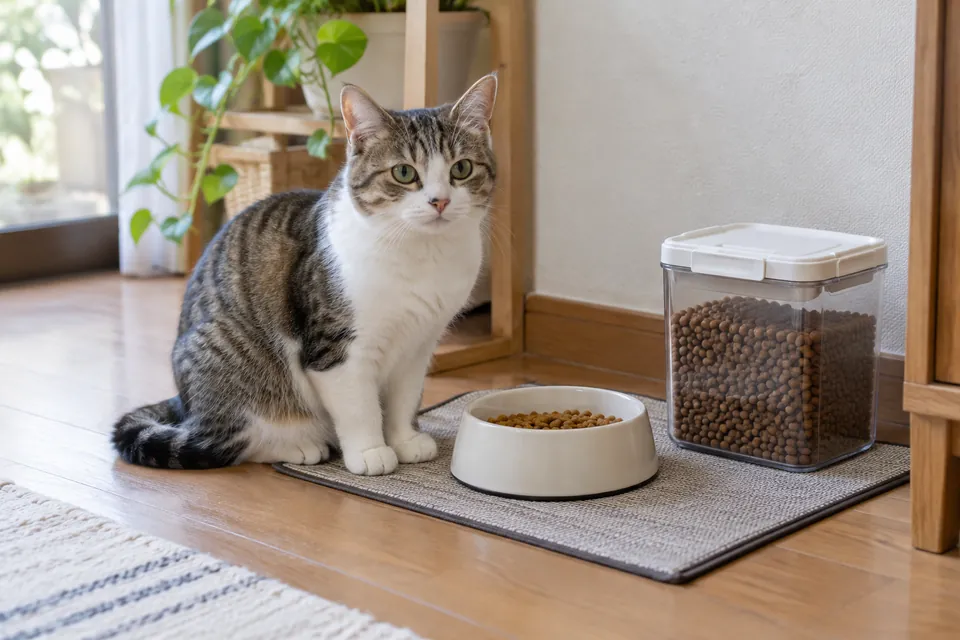 猫の餌場とふた付きのペットフード容器