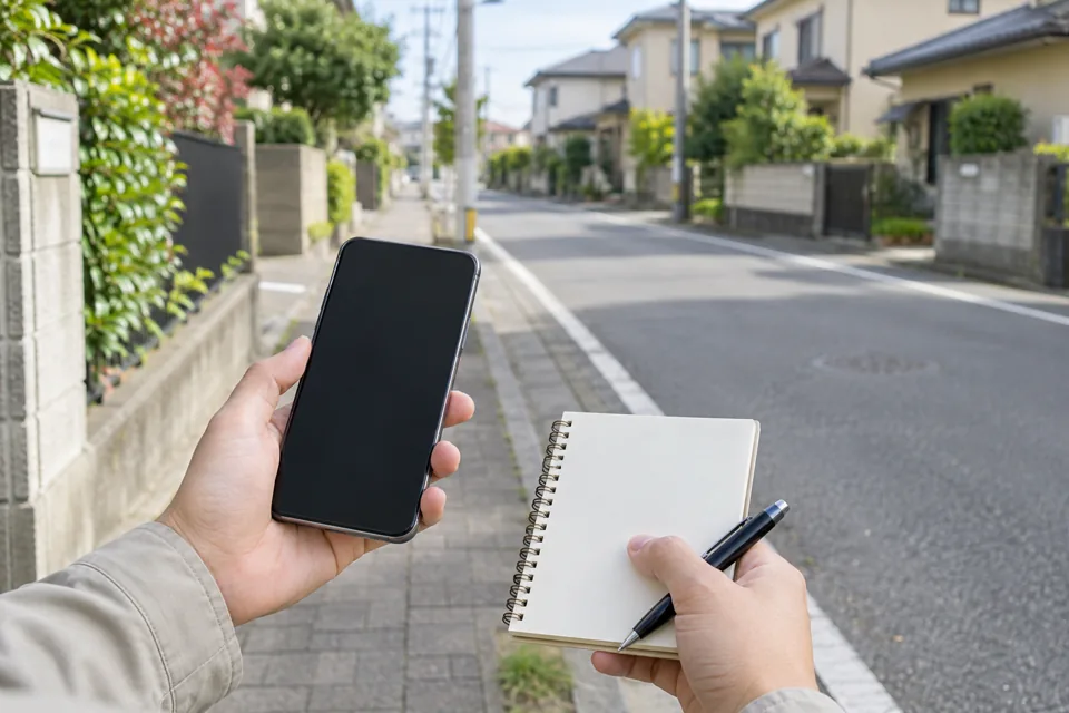 歩道でスマートフォンとノートを使い場所を記録する様子