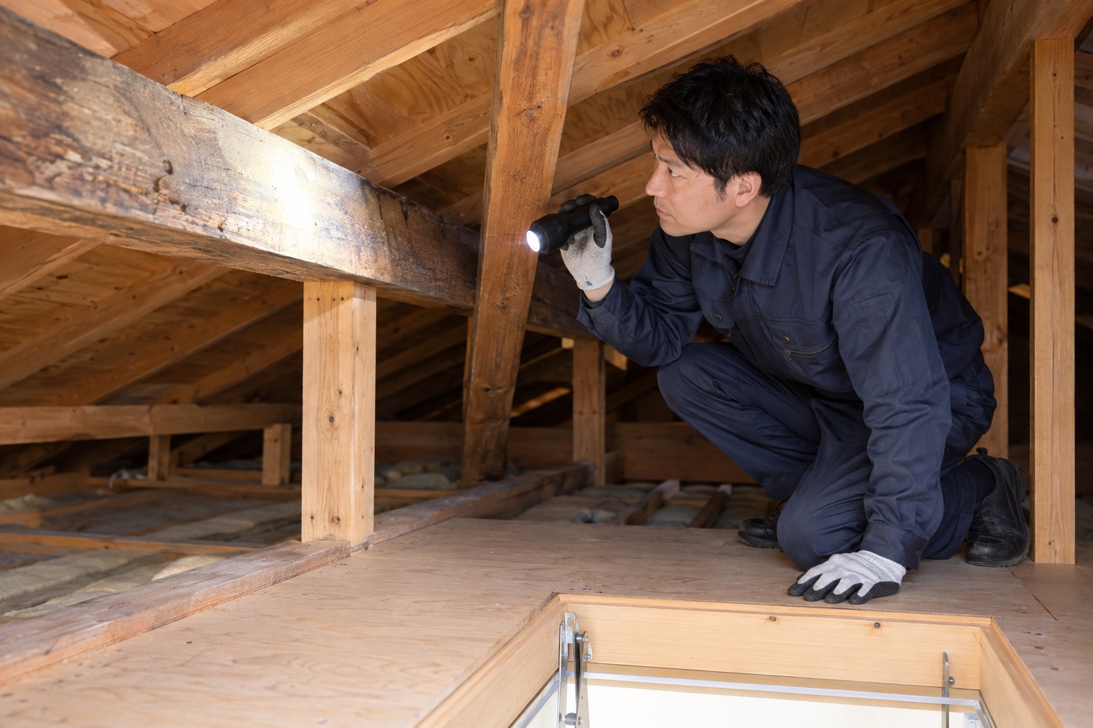 点検口の近くから屋根裏の状態を確認する作業員のイメージ