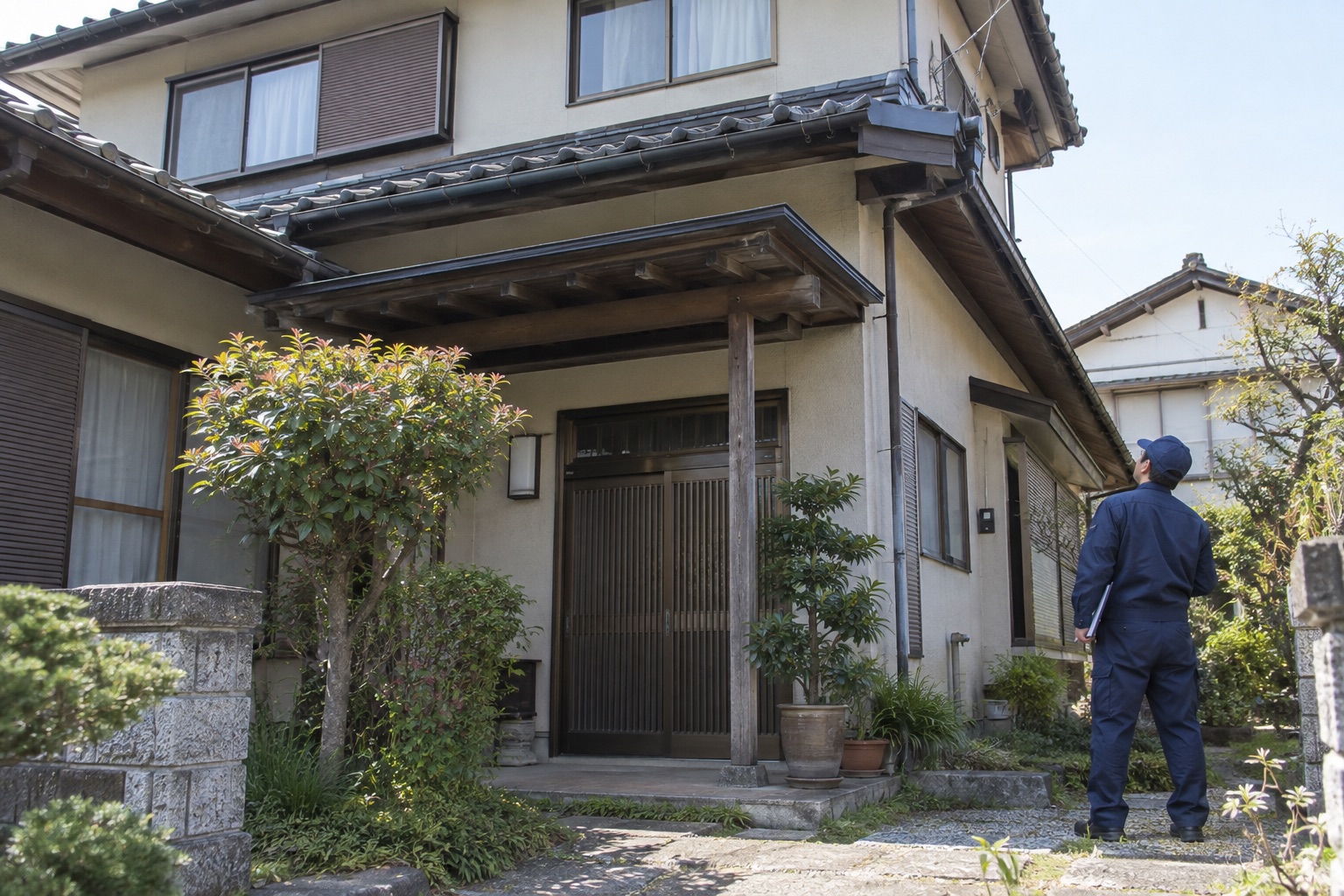 戸建て住宅の外から軒の状態を確認する点検員の後ろ姿。説明用の生成イメージ