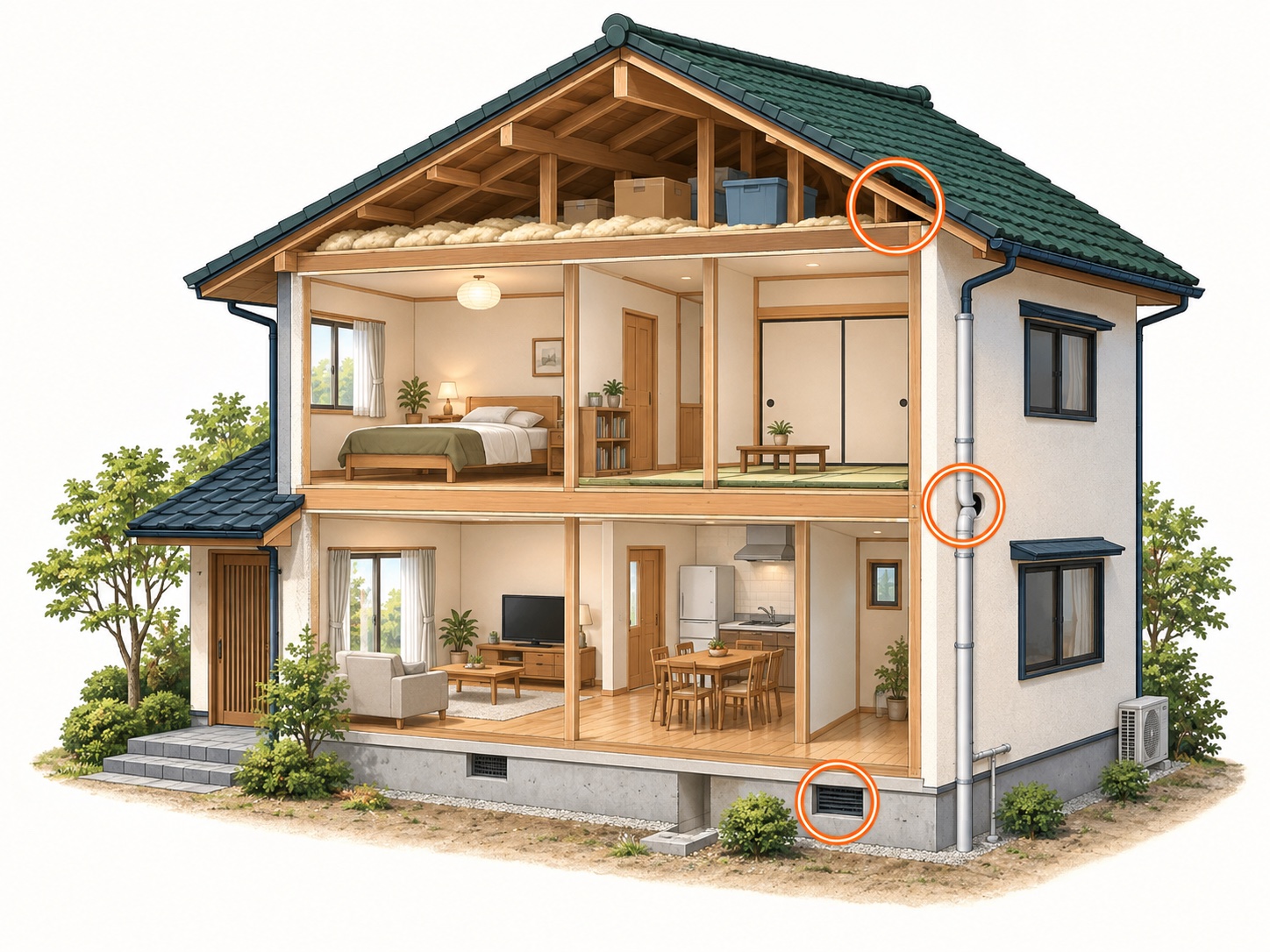 屋根まわり、外壁の配管まわり、床下の通気口に着目した住宅の断面イラスト