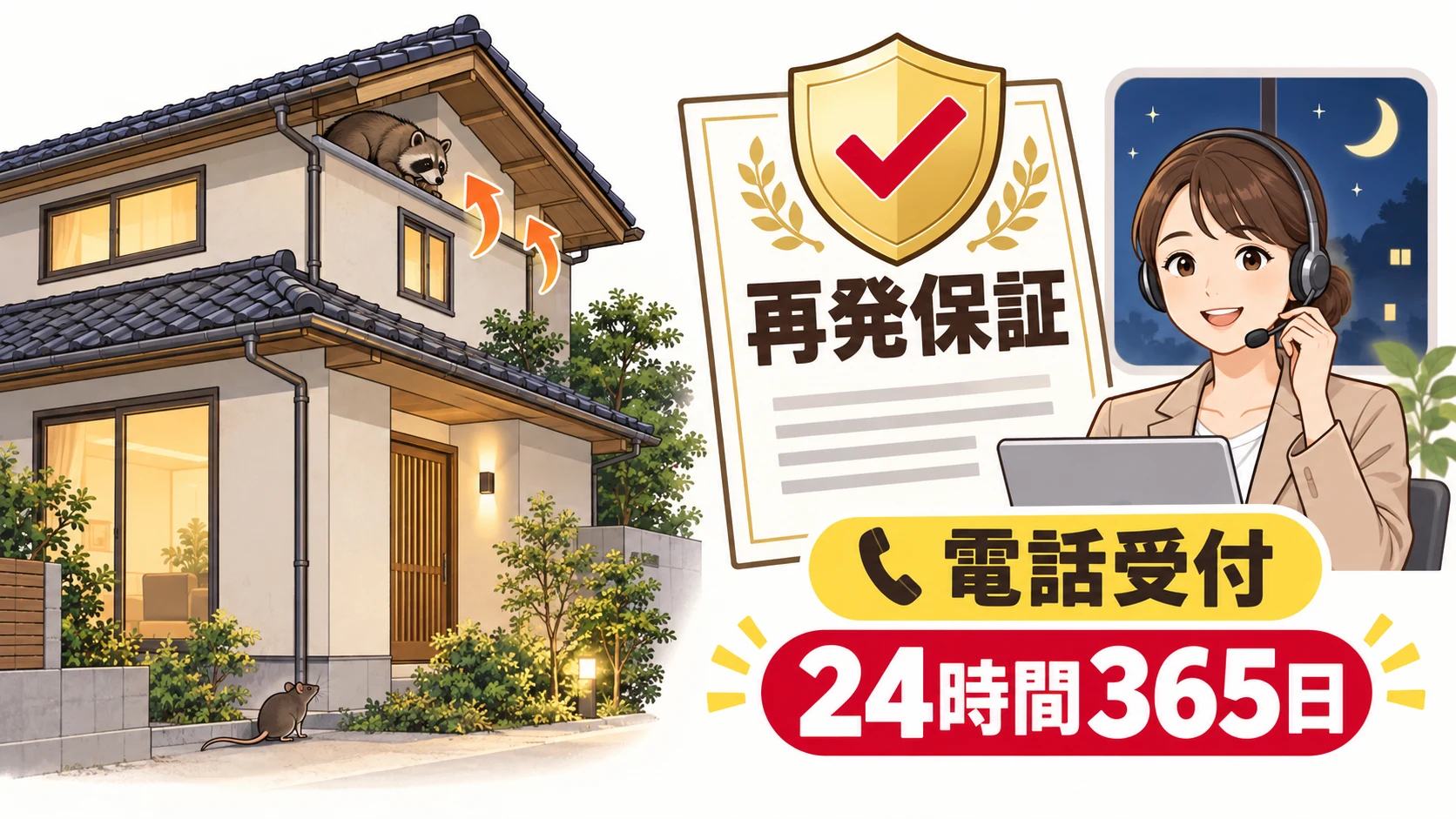 再侵入が心配な戸建てと、再発保証の書類、夜間の電話相談に応じる担当者のイラスト。電話受付は24時間365日。