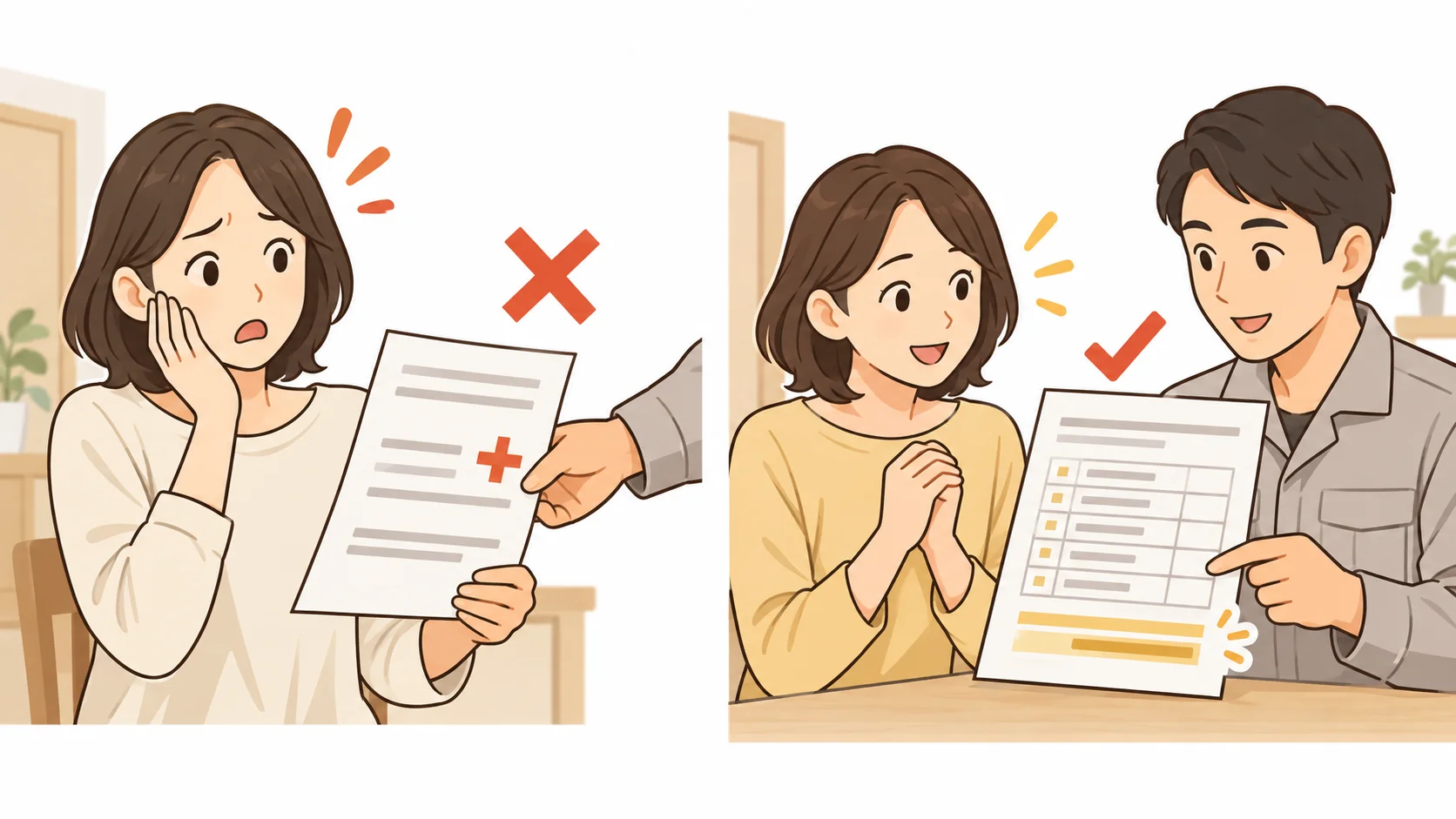 料金説明の比較。左は工事後に追加請求を受けて困る依頼者。右は作業前に担当者と見積書の内訳と総額を確認する依頼者。
