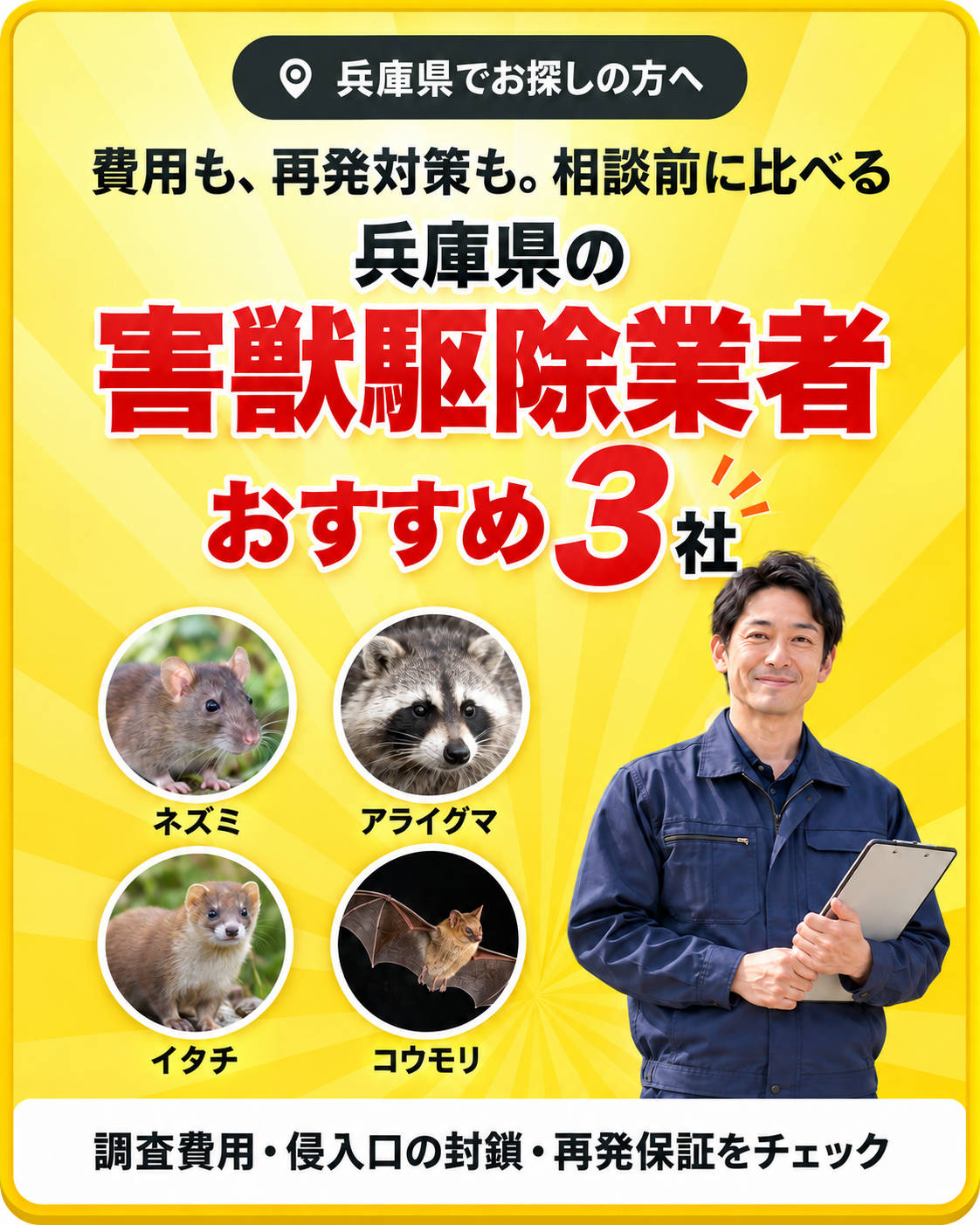兵庫県でお探しの方へ。費用も、再発対策も。相談前に比べる。兵庫県の害獣駆除業者おすすめ3社。ネズミ・アライグマ・イタチ・コウモリ。調査費用・侵入口の封鎖・再発保証をチェック。