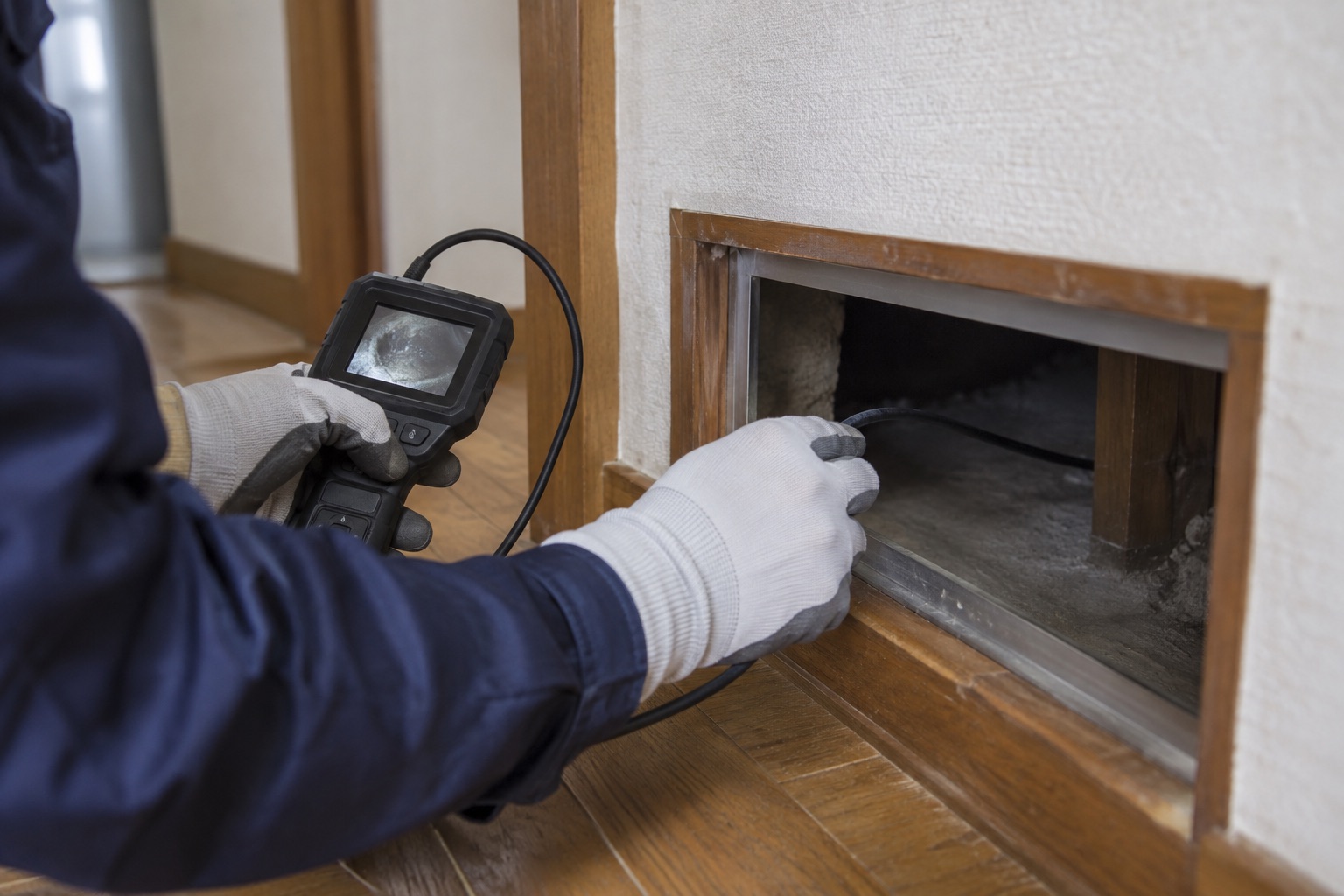 点検カメラで住宅の開口部付近を調べる手元。調査の説明用生成イメージ